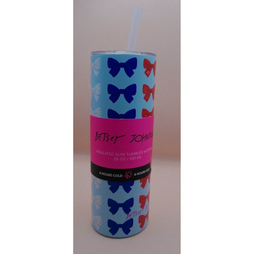 Betsey Johnson 20oz Americana Red Navy Blue Bow Print Insulated Slim Tumbler NEW